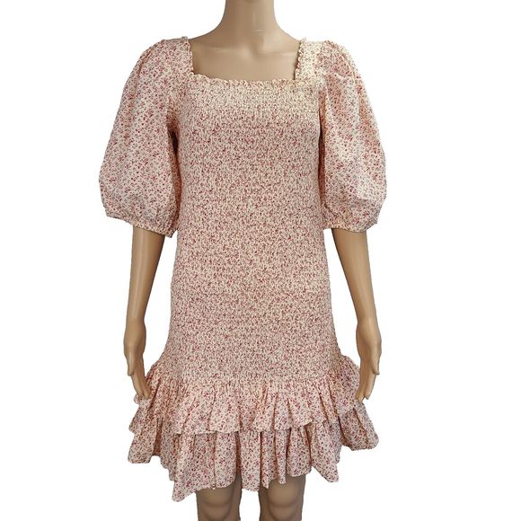 New by TiMo Women's (L) Cream & Dark Pink Floral Smocked Ruffle Mini Dress $400 - Picture 1 of 12